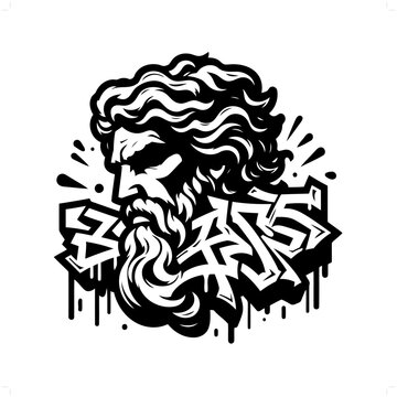 zeus; deity mythology silhouette, deity in graffiti tag, hip hop, street art typography illustration.