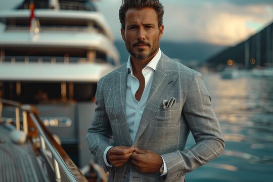 Distinguished man in a sophisticated suit standing near boats, reflecting luxury and confidence