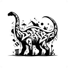 Brachiosaurus silhouette, people in graffiti tag, hip hop, street art typography illustration.