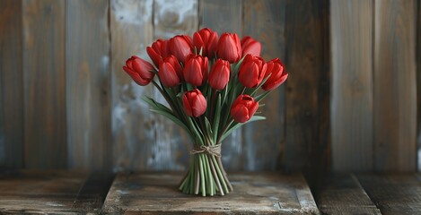 Rustic Bouquet of Red Tulips on Weathered Wood Table