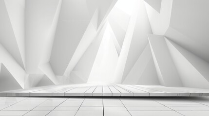 White abstract geometric background as stage with crossed lines, corners and polygon shapes as wall, wood table in soft light gradient white color in calm contemporary minimalist urban style.
