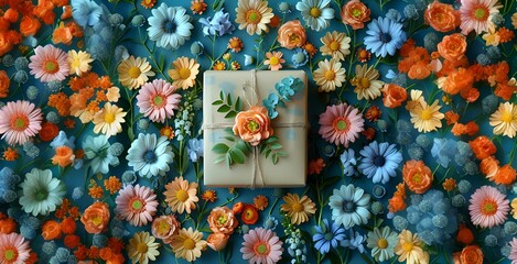 Gift Box with Orange Flower Surrounded by Colorful Blooms on Blue Background