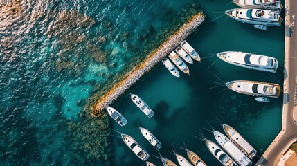 An aerial topdown view of a yacht club with a long jetty jutting out into the harbor Sleek yachts, gleaming white in the sun, are docked alongside, resembling a collection of precious jewels nestled b - obrazy, fototapety, plakaty