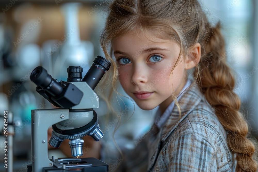 Aufkleber curious young girl exploring science with a microscope, indicating a thirst for knowledge and discov