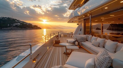 Cruise ship deck at sunset. Luxury yacht in the sea.