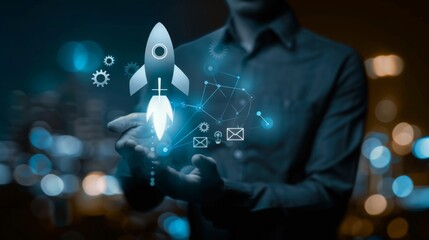 Business growth concept. Professional businessman projecting a holographic rocket symbolizing startup success and growth acceleration. Rising earnings, increasing financial profits, Wealth fast, - obrazy, fototapety, plakaty