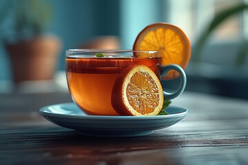 Tea with Valencia orange slices on saucer on wooden table