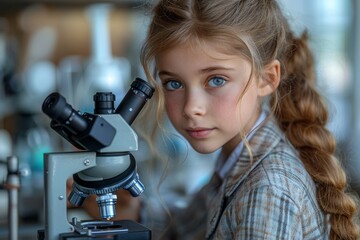 Curious young girl exploring science with a microscope, indicating a thirst for knowledge and discovery in a laboratory setting - Powered by Adobe
