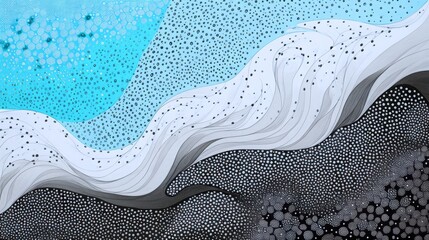 Abstract pointillist illustration featuring dots, lines, curves and waves in black, gray and blue