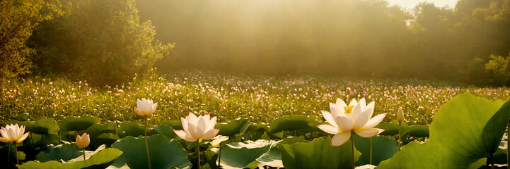 At dawn, lilies thrive in the pond with a background.