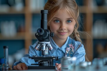 An inquisitive young girl smiling at the camera while using a microscope in a scientific setting