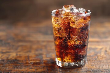 A close-up shot of a fizzy cola drink filled with ice cubes in a glass on a wooden surface