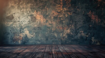Weathered textured wall with rustic wooden floor inside room