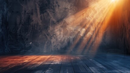 Sunlight streaming into empty room with wooden floor and gritty walls - obrazy, fototapety, plakaty