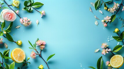 Floral and lemon border arrangement on blue background with copy space