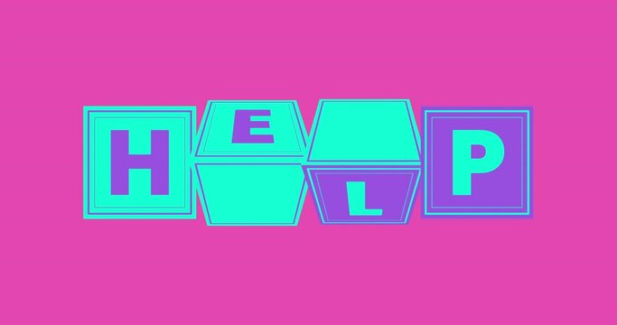 3D kinetic typography with word help. Animation of rotating 3D cubes with word help