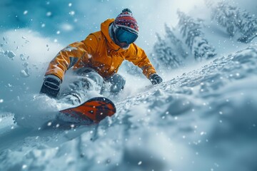 An action-packed image of a snowboarder carving through deep powder snow, demonstrating skill and excitement