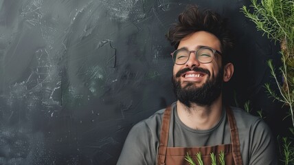 Happy man with beard wearing glasses and apron against blackboard background - obrazy, fototapety, plakaty