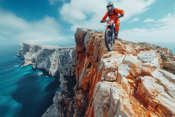An extreme mountain biker in orange attire jumps fearlessly over a cliff on a rocky coastline - obrazy, fototapety, plakaty