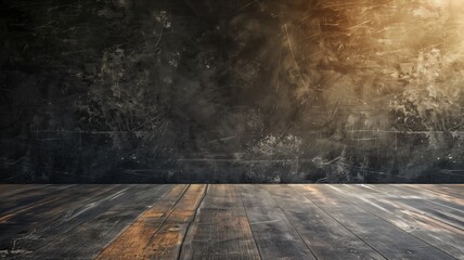 Empty dark room with weathered wooden flooring and distressed, grunge-style wall - obrazy, fototapety, plakaty
