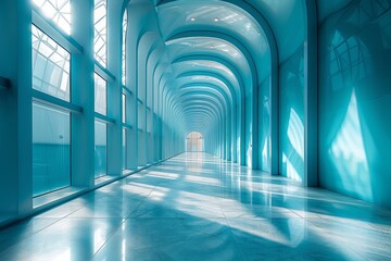 This image captures the sleek and modern design of a hallway bathed in blue light with a futuristic feel