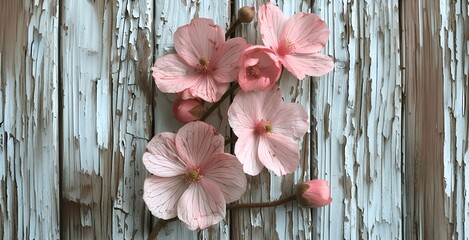 Delicate Pink Cherry Blossoms Blooming on Weathered Wooden Background