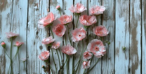 Delicate Pink Poppies Against Weathered Blue Wood