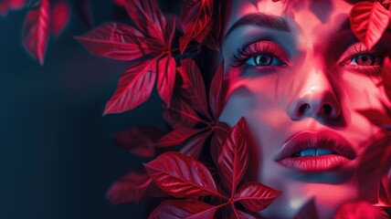 Woman's face partially obscured by red leaves with blue hue