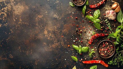 Various colorful spices and herbs scattered on dark, rustic kitchen backdrop