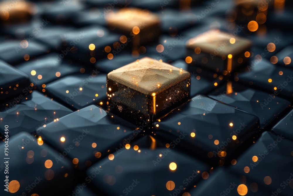 Aufkleber a single illuminated cube stands out among dark hexagons, casting a warm glow and creating a 3d futu