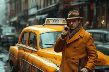 Man in a hat talks on cell phone near yellow taxi cab