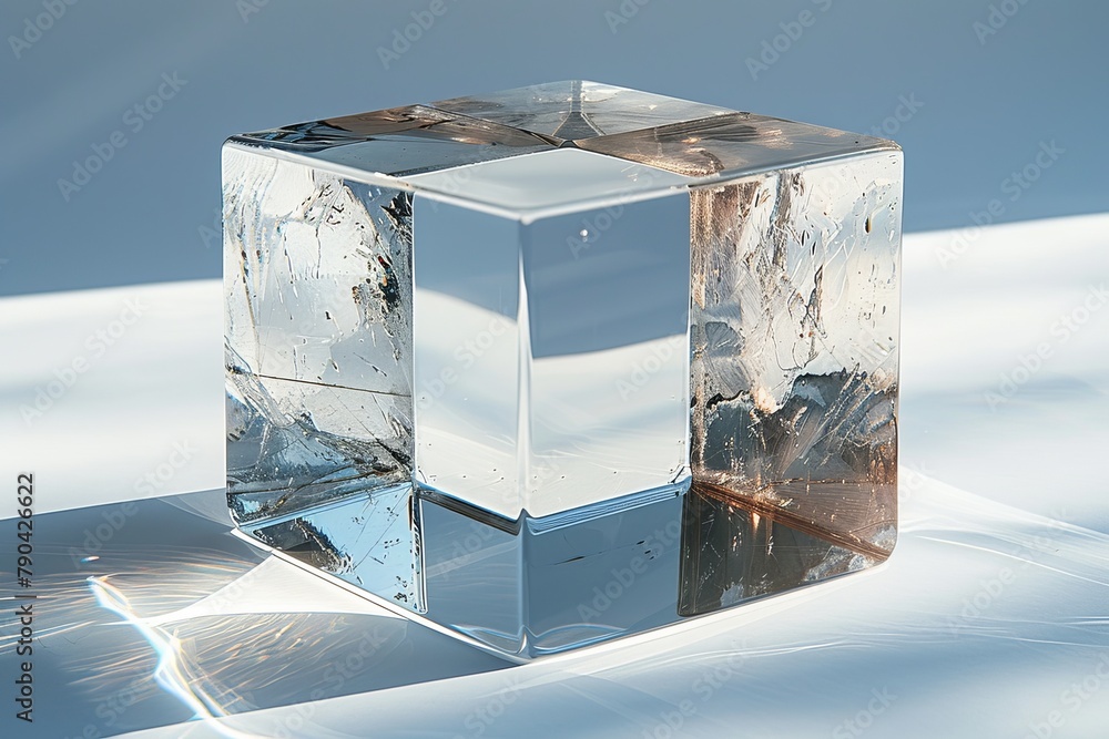 Poster close-up of a clear ice cube, showcasing its intricate internal patterns and refracted light details