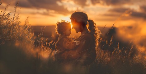 Person with Child in Field at Sunset - obrazy, fototapety, plakaty