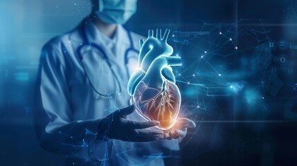 Cardiologist doctor examine patient heart functions and blood vessel on virtual interface. Medical technology and healthcare treatment to diagnose heart disorder and disease of cardiovascular system.