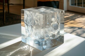 An ice cube dramatically illuminated, casting reflections and intricate light play on a reflective table