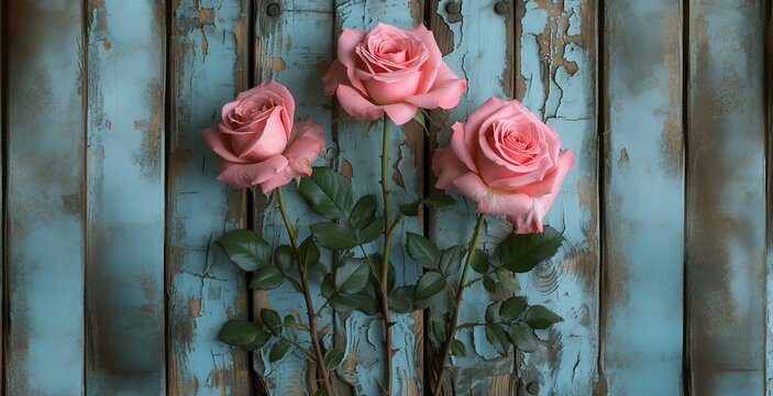 Pink Roses with Green Leaves on Rustic Wooden Background
