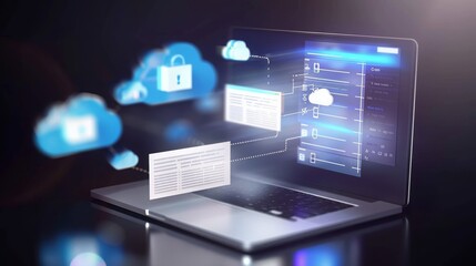 Laptop with floating digital cloud icons and security symbols, representing cloud computing and data security. Concept of technology, cloud computing, and cybersecurity.