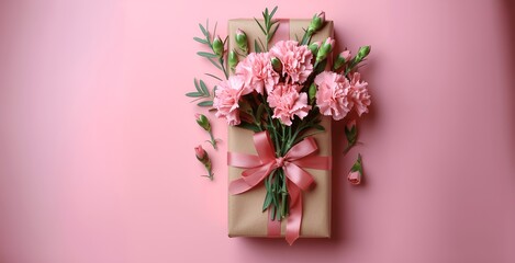 Brown Gift Box with Pink Ribbon and Pink Carnations