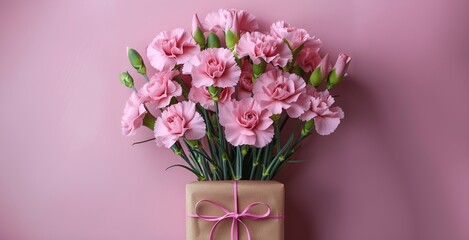 Pink Carnation Bouquet with Green Stems and Brown Paper with Ribbon Bow on Pink Background