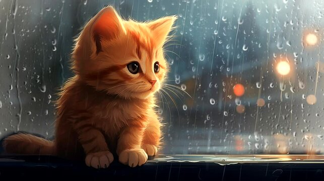 Cute cat sitting with the rain falling on window. Anime or digital painting style, looping 4k video animation background