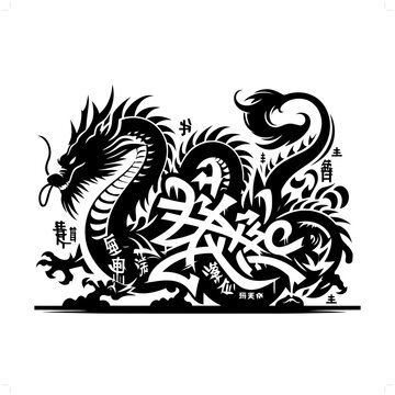 chinese dragon silhouette, people in graffiti tag, hip hop, street art typography illustration.