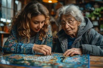 An elderly woman and her granddaughter concentrate on a jigsaw puzzle together indoors