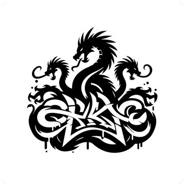 hydra dragon silhouette, people in graffiti tag, hip hop, street art typography illustration.