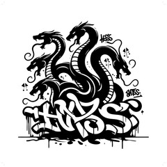 hydra dragon silhouette, people in graffiti tag, hip hop, street art typography illustration.