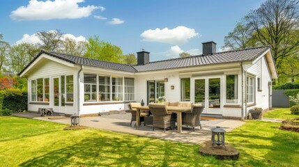 Exterior of modern white house with furniture in patio surrounded with grassy lawn and trees under blue sky on sunny day