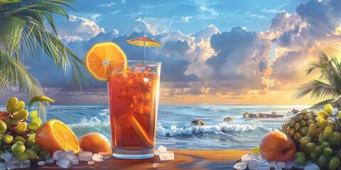 exotic fruit cocktails on the beach Generative AI - obrazy, fototapety, plakaty