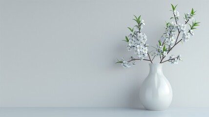 White vase with flowering branches on table against plain background