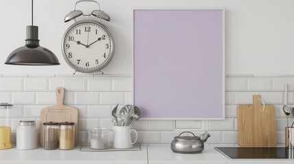Vintage Silver Clock on a Lavender Canvas Frame in a Modern White Kitchen