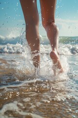 female feet in the sand on the beach Generative AI