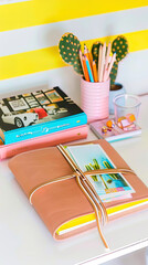 Journal with colorful pencils beside it, in pastel pink covers, placed on white wooden desk.